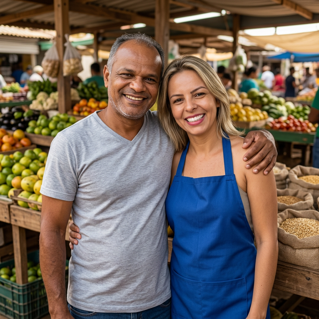 Dayane e Douglas, feirantes em Santo Antônio do Descoberto, sorrindo na barraca de hortifrúti